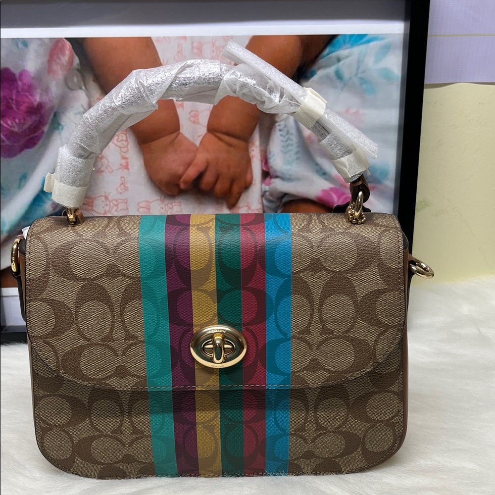 Authentic Coach Marlie Brown Shoulder Bag with Multicolor Stripes